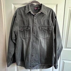 Vintage 90s Bugle Boy Mens Large Denim Western Shirt Gray Cowboy Snaps Heavy